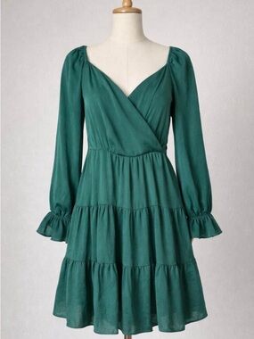 Green Long Sleeve Tiered Wrap Dress